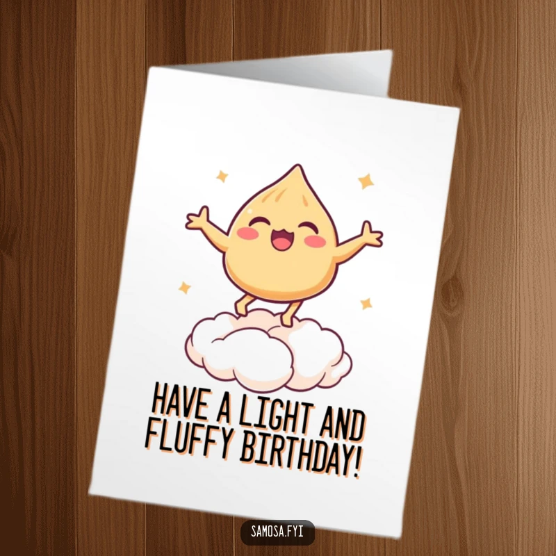 Funny Free Printable Birthday Card: A happy samosa joyfully bouncing high on a fluffy puff pastry cloud.