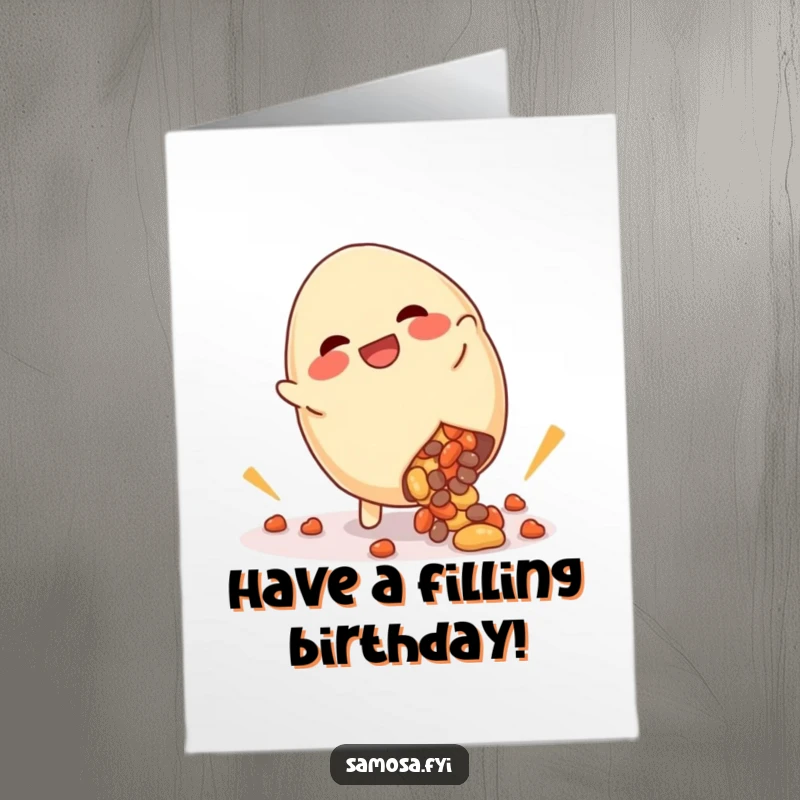 Funny Free Printable Birthday Card: Giggling samosa doing a cartwheel, filling spilling out. Comedic and festive greeting.