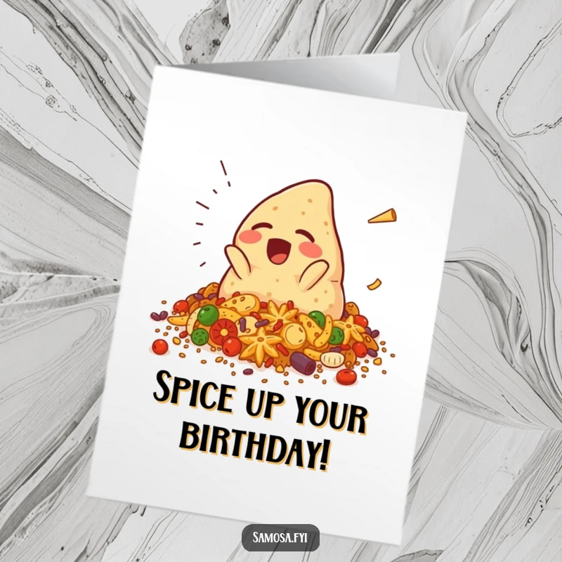 Funny free printable birthday card of a giggling samosa character comically tumbling into a vibrant pile of spices, a messy delight.