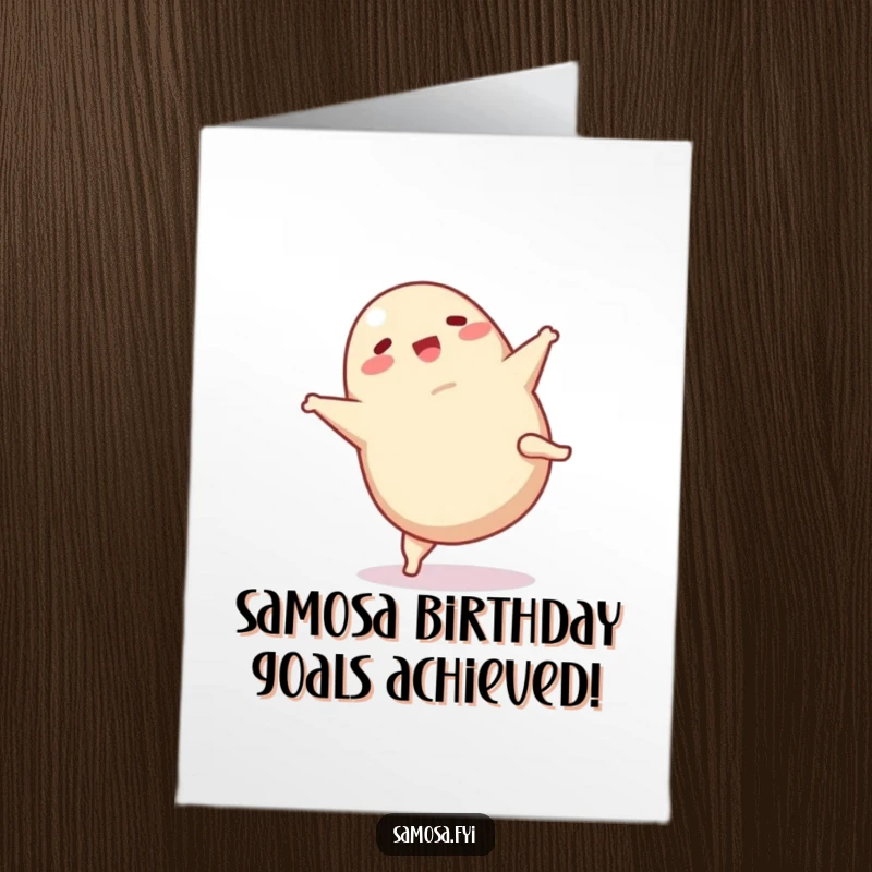 Funny Free Printable Birthday Card: A joyful samosa with legs doing a cartwheel, spreading birthday cheer. Hilarious downloadable art.