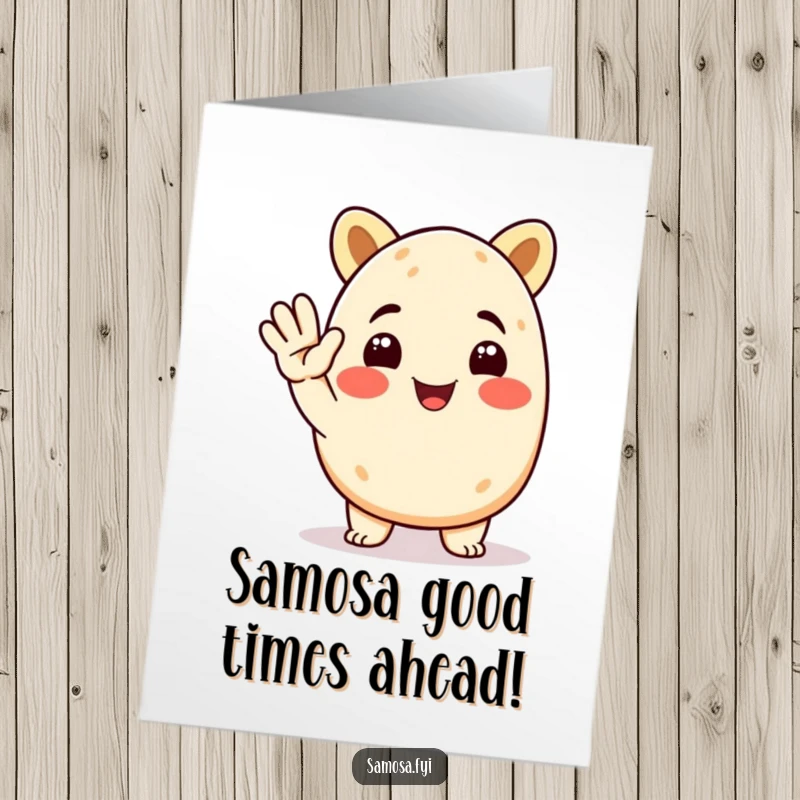 Funny Free Printable Birthday Card: Animated smiling samosa character giving a cheerful, happy salute.