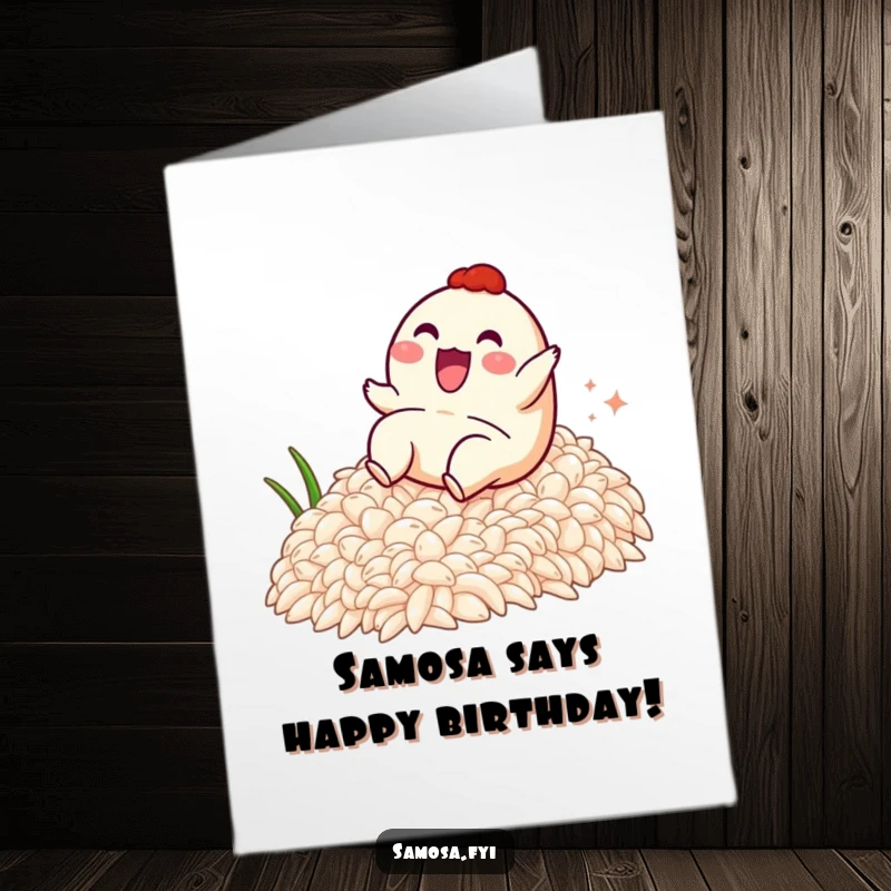 Funny Free Printable Birthday Card: Samosa character joyfully sliding down a tasty rice slope, conveying pure delight.