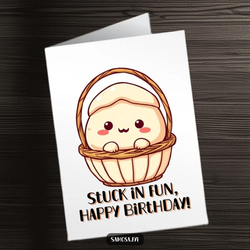 Funny Free Printable Birthday Card: A samosa character comically stuck in a small basket, perfect for a humorous birthday wish.