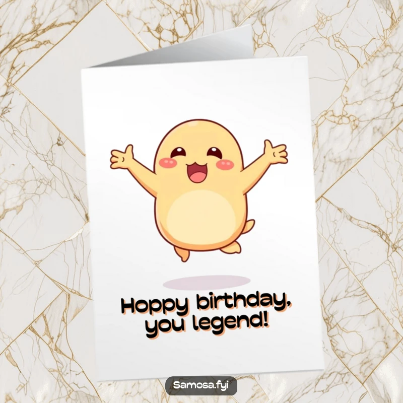 Funny Free Printable Birthday Card: Happy samosa hopping with excitement, arms outstretched. Joyful downloadable greeting.