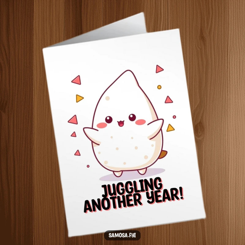 Funny Free Printable Birthday Card: A samosa character adeptly juggling small triangular shapes with concentration and flair.