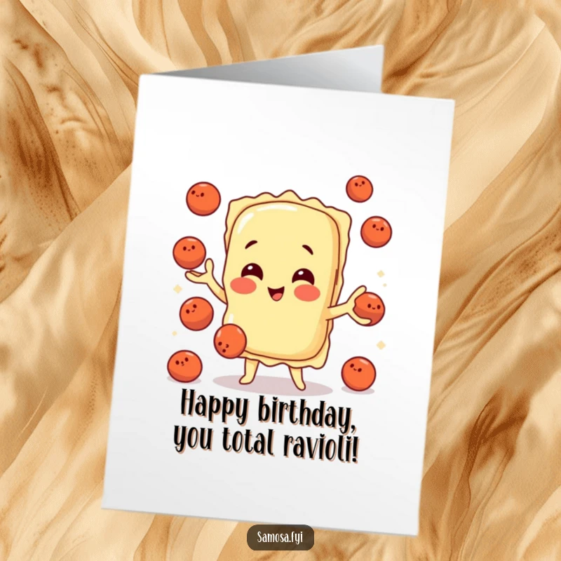 Funny Free Printable Birthday Card: Playful ravioli character skillfully juggling several tiny meatballs, whimsical and fun.