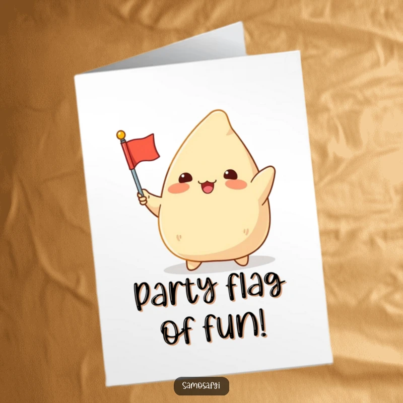 Funny Free Printable Birthday Card: Chubby samosa character waving a small flag with excitement, celebrating a birthday.