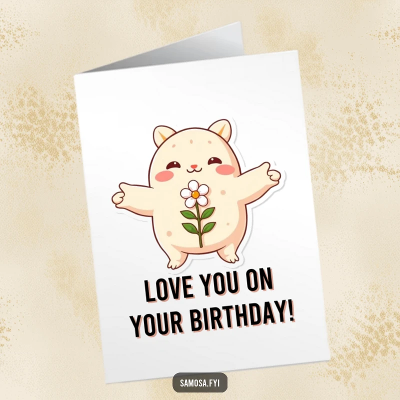 Funny Free Printable Birthday Card: A samosa with open arms joyfully embracing a small delicate flower.
