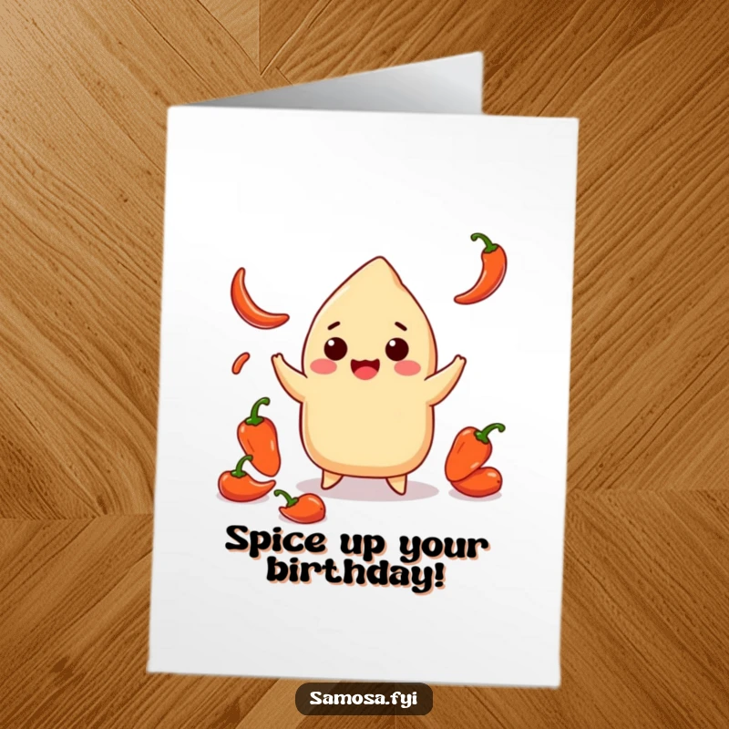Funny Free Printable Birthday Card: Smiling samosa playfully juggling tiny red chili peppers. Fiery and fun greeting.