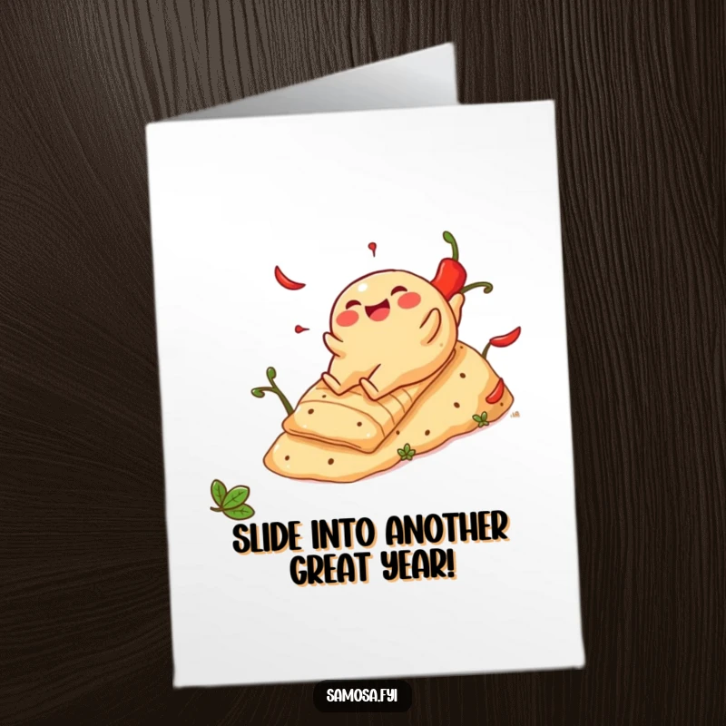Funny free printable birthday card: a happy samosa joyfully slides down a steep hill made of red chili peppers.