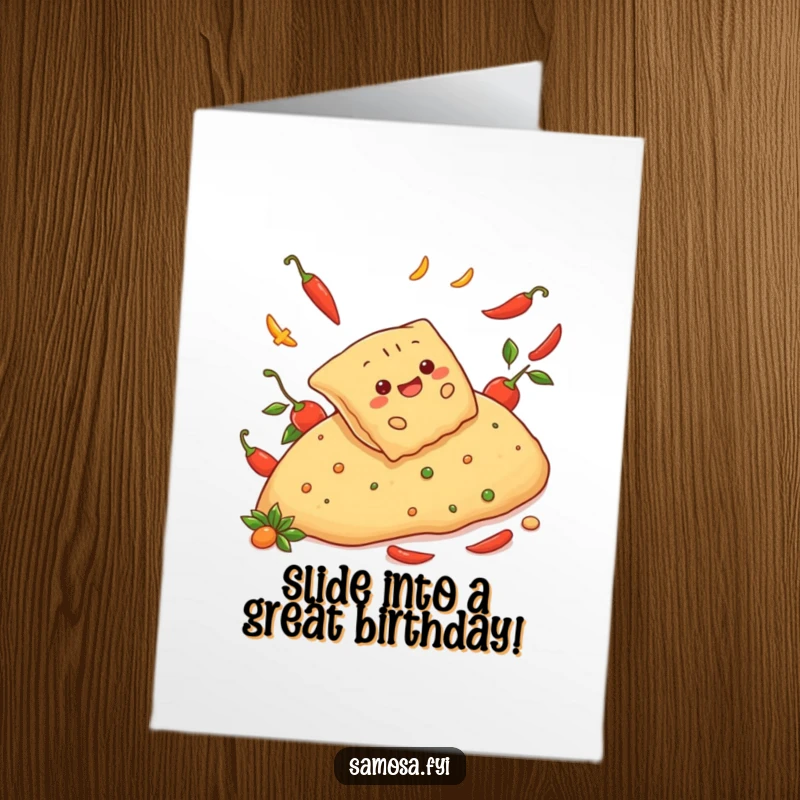 Funny Free Printable Birthday Card: Cheerful samosa sliding down a hill made of spicy red peppers. Adventurous and fun greeting.