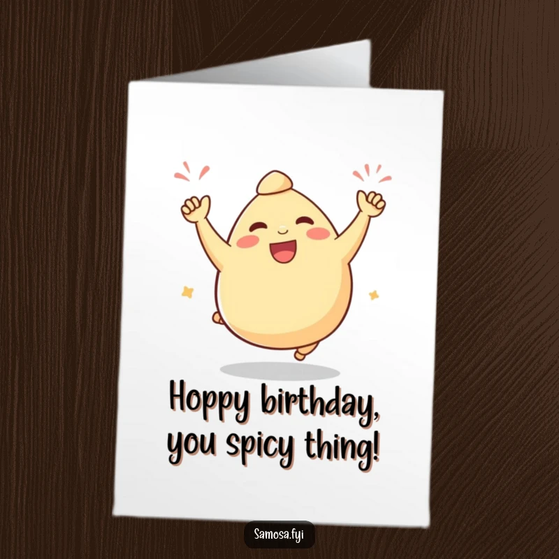 Funny Free Printable Birthday Card: Plump samosa character doing a happy, victorious celebratory hop.