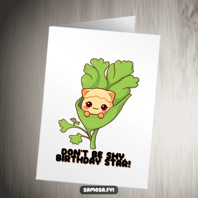 Funny Free Printable Birthday Card: Shy samosa character peeking from a large coriander leaf, a sweet downloadable greeting.