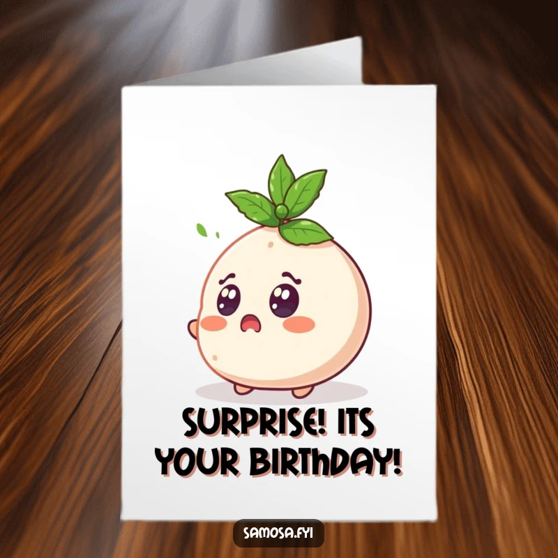 Funny Free Printable Birthday Card: a samosa character looks wide-eyed surprised by a flying mint leaf.