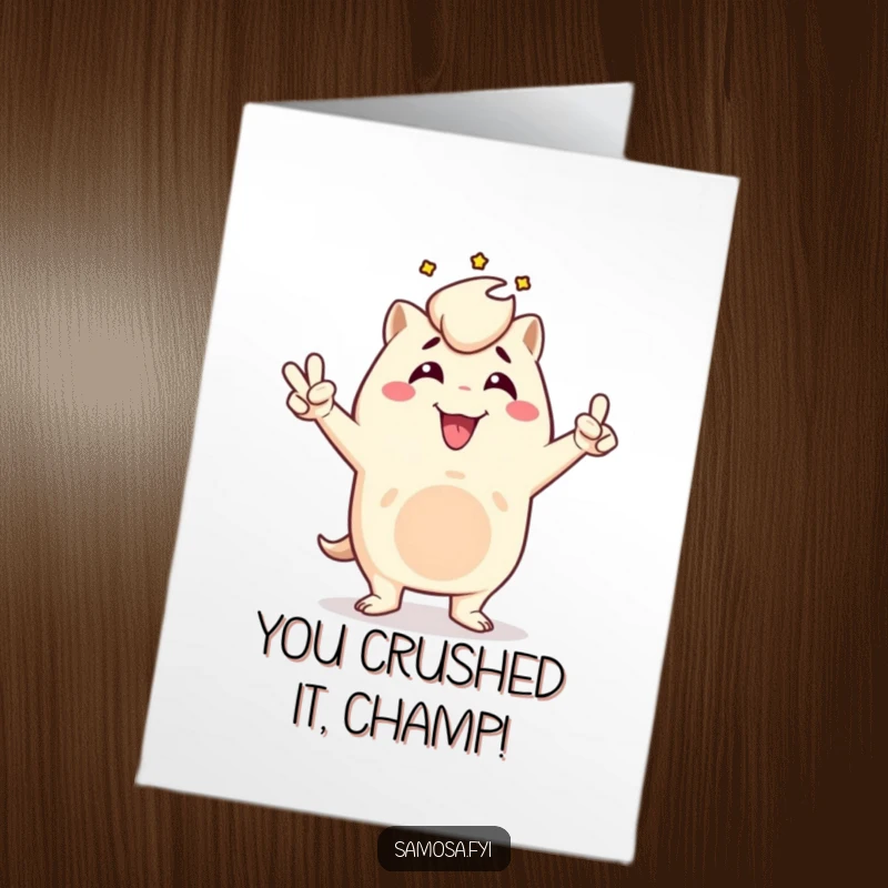 Funny free printable birthday card featuring a samosa character striking a triumphant victory pose with a proud, celebratory expression.