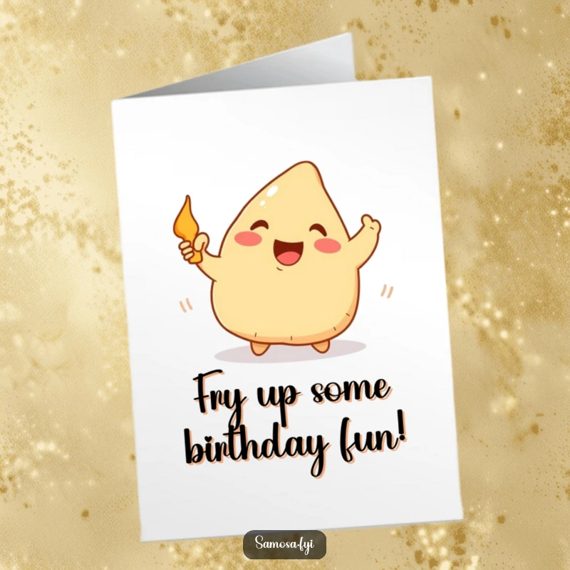 Funny Free Printable Birthday Card: A happy samosa enthusiastically waves a tiny frying pan. Hilarious downloadable birthday art.