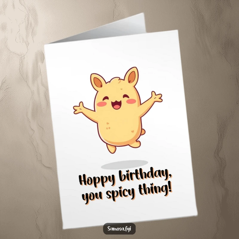 Funny Free Printable Birthday Card: A happy samosa hops with pure excitement, arms wide open for a joyful birthday.