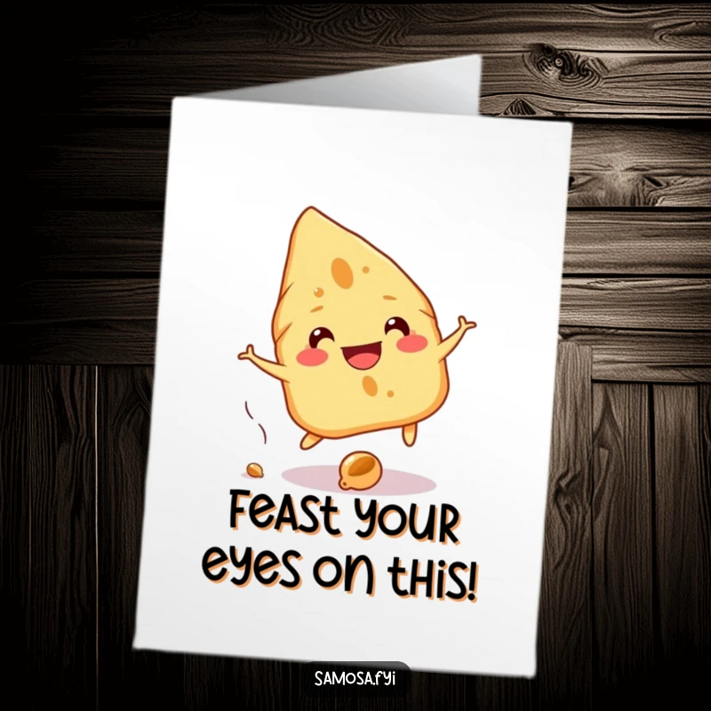 Funny Free Printable Birthday Card: Cheerful samosa grins while dodging a falling chickpea, a playful birthday wish.