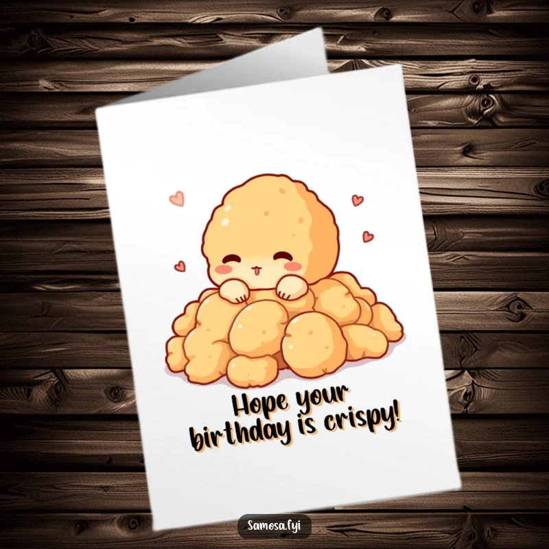 Funny Free Printable Pakora Birthday Card: A shy pakora character peeks out from crispy batter, offering a birthday wish.