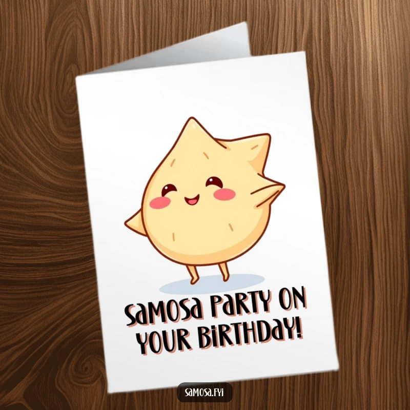 Funny Free Printable Samosa Birthday Card: A smiling samosa with tiny legs does a cartwheel, celebrating joyfully.