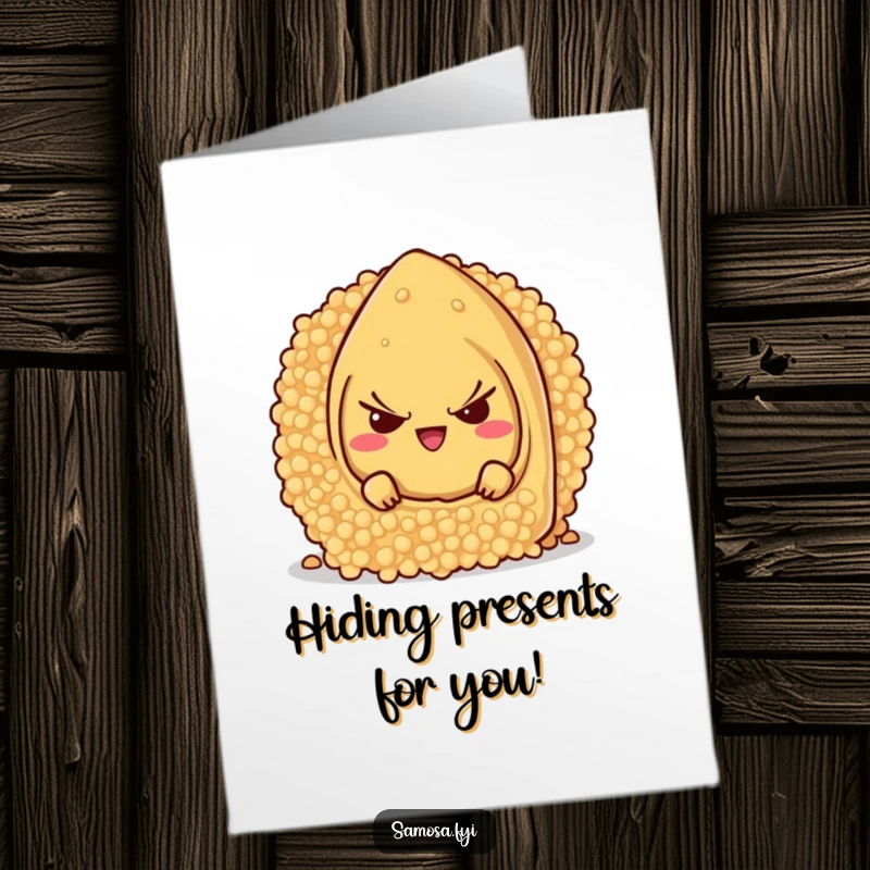 Funny Free Printable Samosa Birthday Card, a mischievous character peeking from behind a giant couscous grain, wishing happy birthday.
