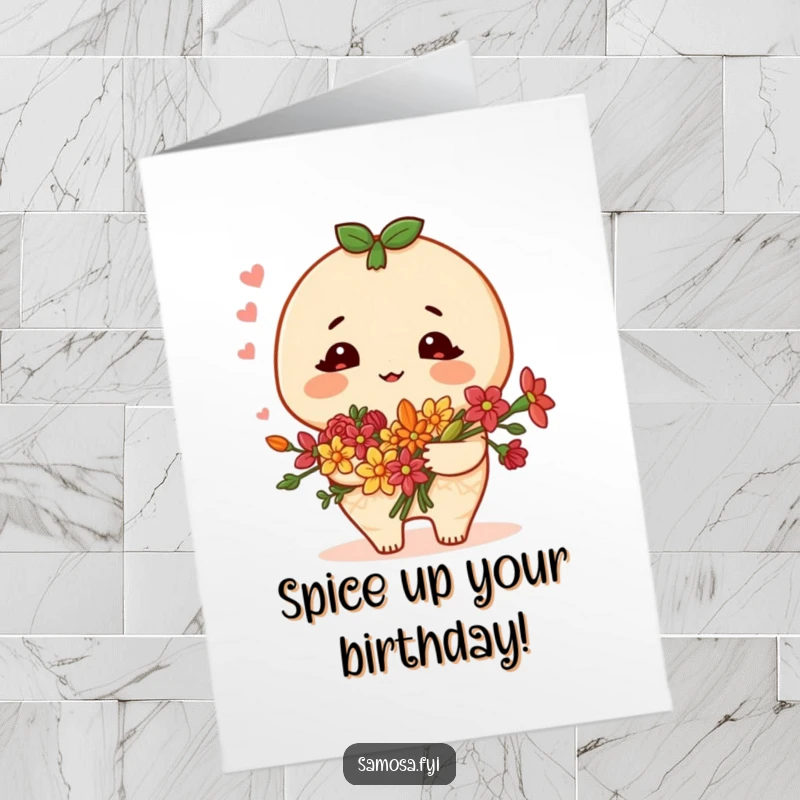 Funny Free Printable Birthday Card: A blushing samosa character holds a bouquet of spice flowers, celebrating a birthday.