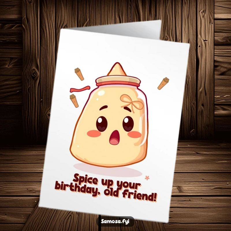 Funny Free Printable Samosa Birthday Card: A startled samosa wide-eyed at a hovering spice jar, humorously capturing surprise.