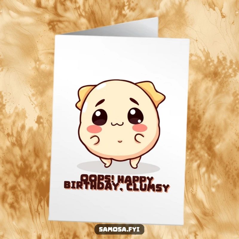 Funny Free Printable Samosa Card: A smiling samosa character hilariously tripping over its own edges, looking surprised.