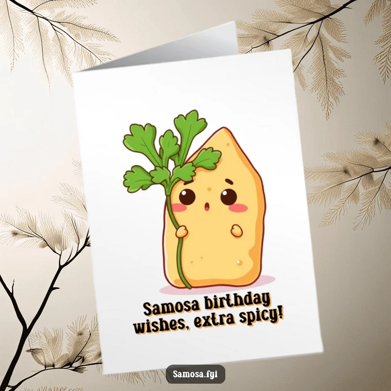 Funny free printable birthday card featuring a surprised samosa peeking from behind a coriander leaf, ready to celebrate.