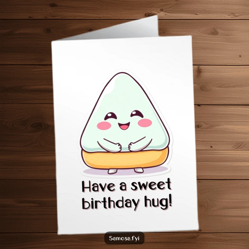 Funny Free Printable Birthday Card: Smiling triangular pastry character giving a big hug, spreading birthday cheer and sweetness.