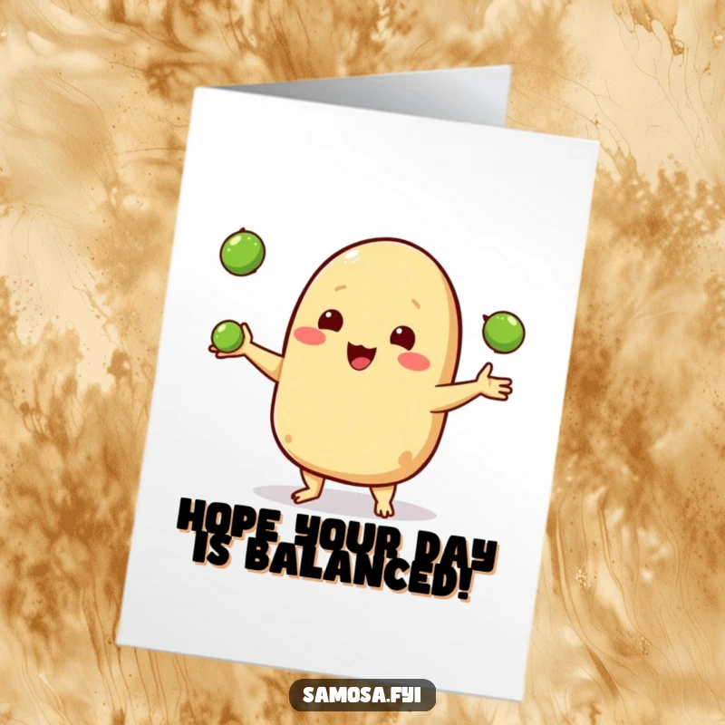 Funny free printable birthday card: A happy samosa character skillfully juggles three tiny green peas with a cheerful expression.
