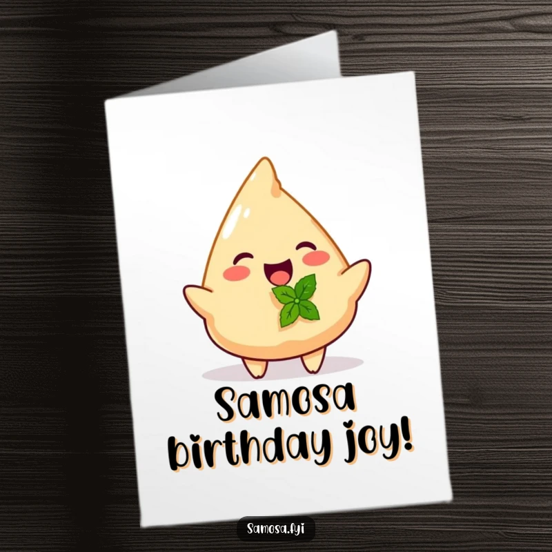 Funny Free Printable Birthday Card: Joyful samosa offers a tiny mint leaf, a fresh and happy wish.