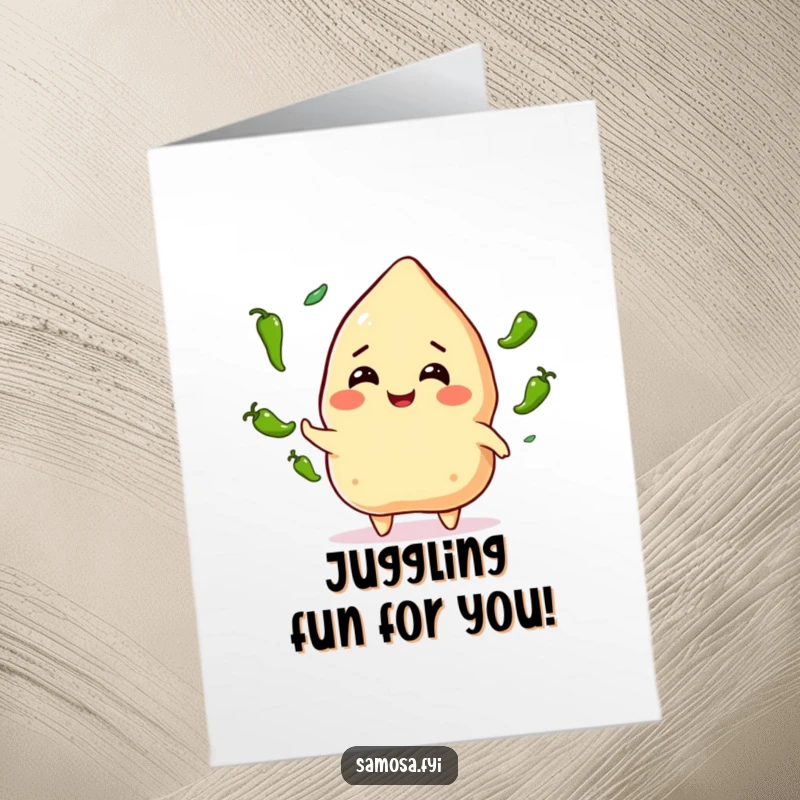 Funny Free Printable Birthday Card: Smiling samosa character skillfully juggling small green chili peppers for a birthday.
