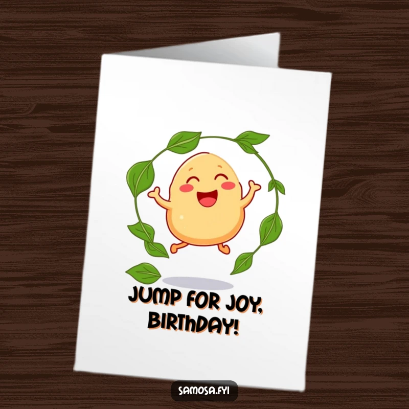 Funny Free Printable Birthday Card: A laughing samosa character with legs joyfully jumps through a hoop of curry leaves.