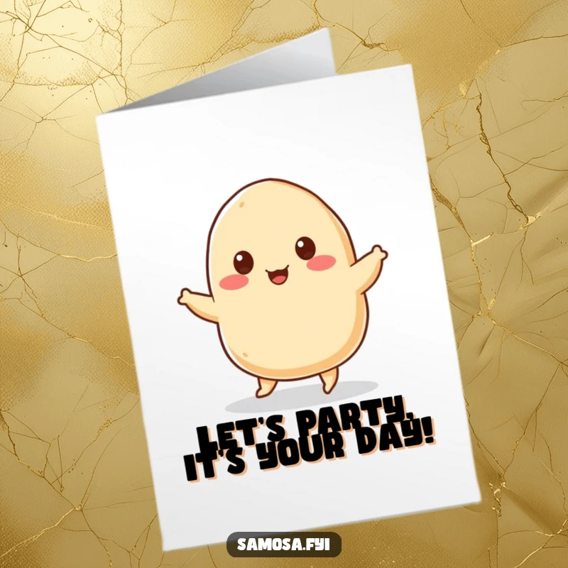 Funny Free Printable Birthday Card: A happy samosa with sesame seed eyes doing a lively, joyful jig on its little pastry feet.