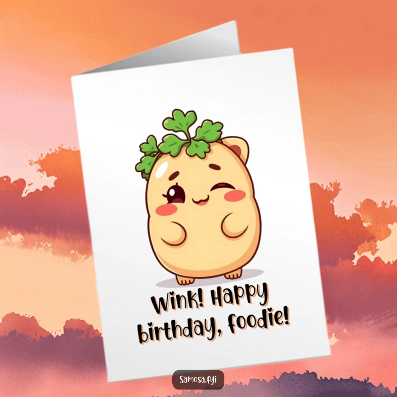 Funny Free Printable Birthday Card: A mischievous samosa winking playfully while sporting a parsley hat for a birthday.