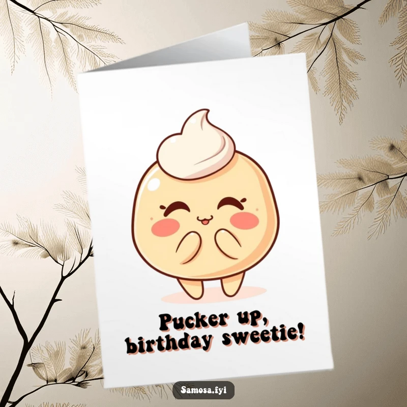 Funny Free Printable Birthday Card: A blushing pastry puff character adorably trying to blow a kiss, full of charm.
