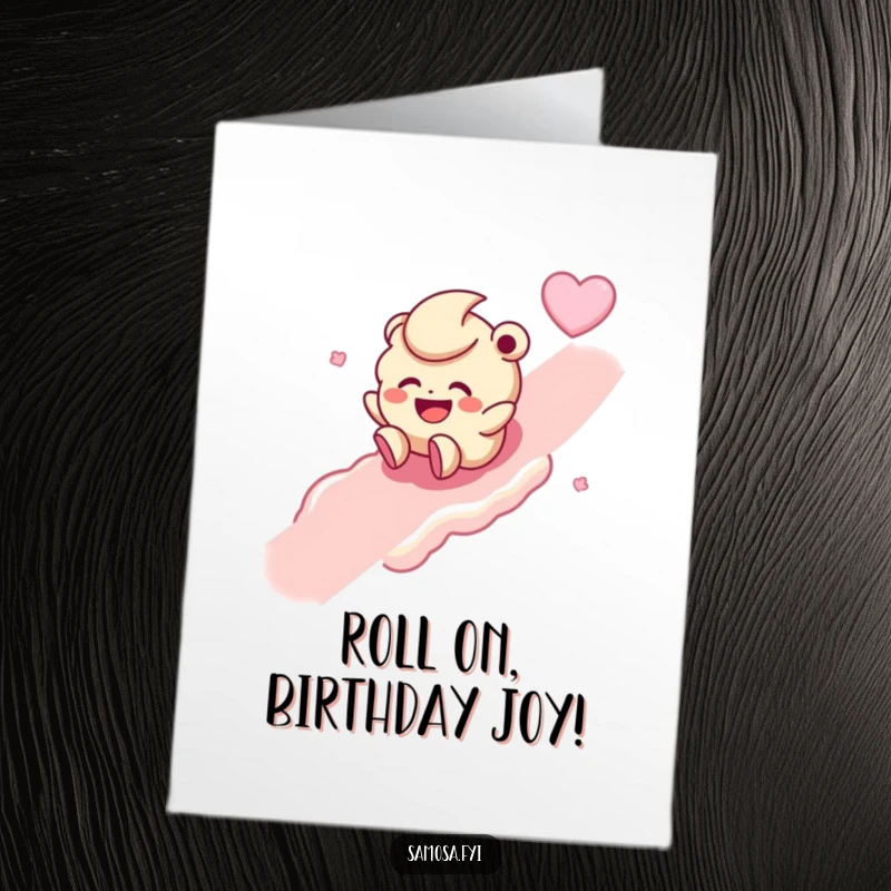 Funny Free Printable Birthday Card showing a happy Laddoo character joyfully rolling down a sugary slope, full of glee.