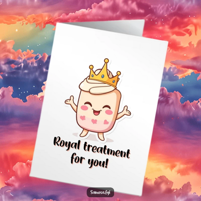 Funny free printable birthday card: A pastry character wears a crown and strikes a goofy, proud pose, celebrating.