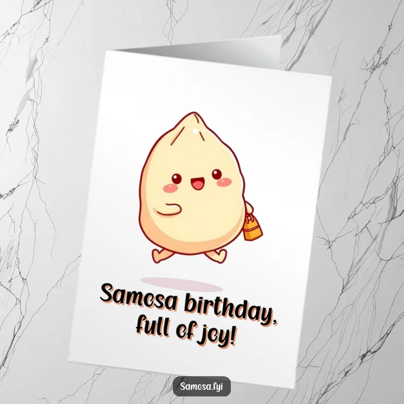 Funny Free Printable Birthday Card: A samosa joyfully skipping with a small bag, radiating happiness and excitement for a birthday.