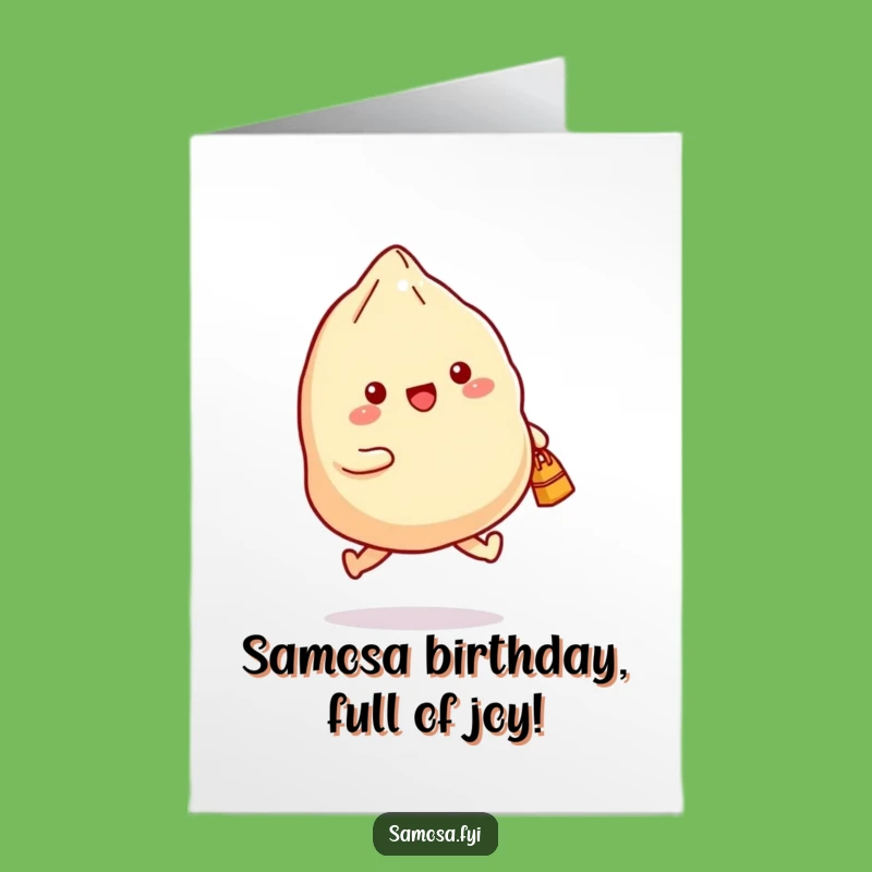 Free Printable Birthday Card: Skipping Samosa with Bag - Joyful Funny Downloadable Gift