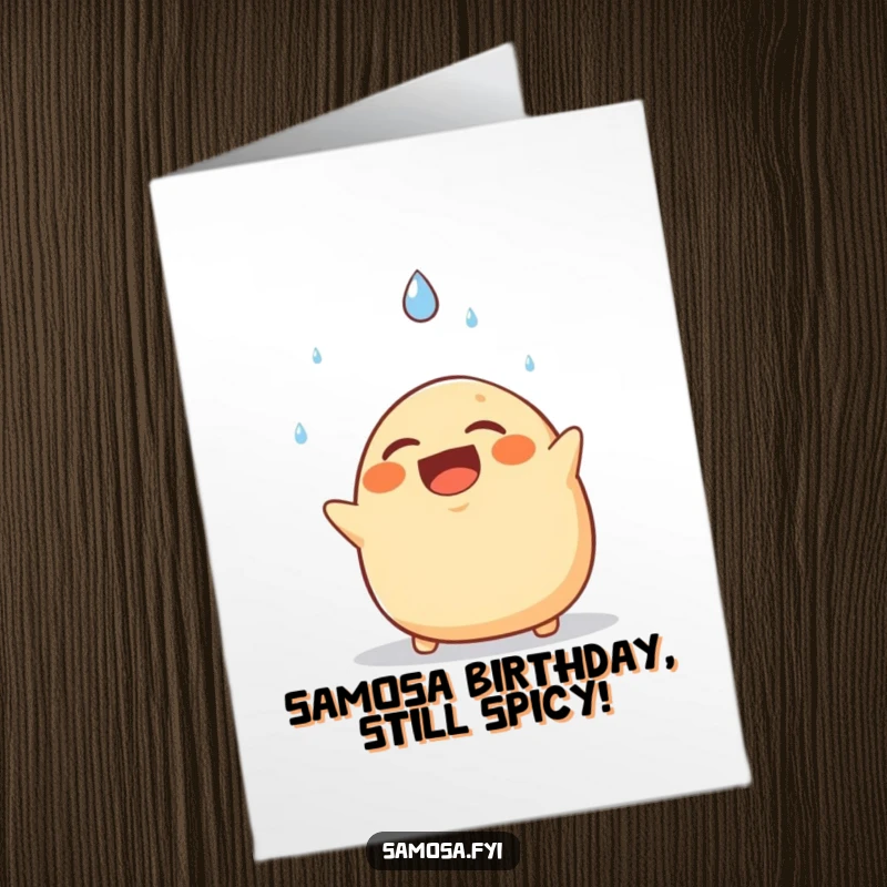 Funny Free Printable Birthday Card: Samosa comically laughing while dodging a large falling raindrop, perfect for a quirky celebration.