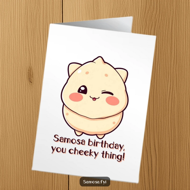 Funny Free Printable Birthday Card: A samosa comically winking with a mischievous, playful grin, perfect for a lighthearted birthday wish.