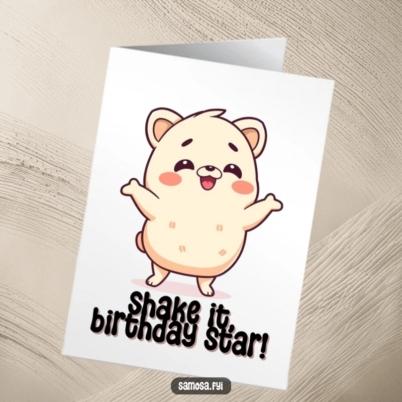 Funny free printable birthday card of a samosa character doing a hilarious wiggle dance, full of joy and humor.