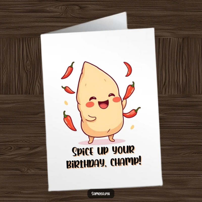 Funny Free Printable Birthday Card: A laughing samosa playfully juggling small red chili peppers. Hilarious downloadable birthday art.
