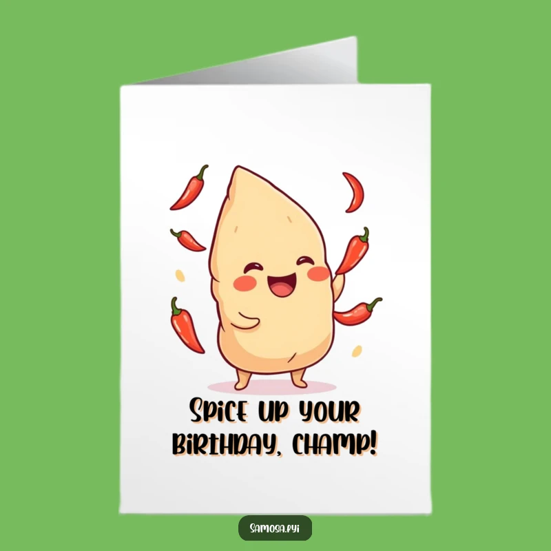 Free Printable Birthday Card: Giggling Samosa Juggling Chilis - Funny Downloadable Gift!