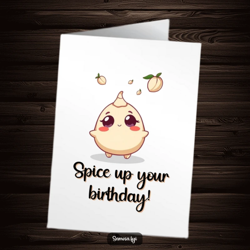 Funny Free Printable Birthday Card: Samosa character with wide eyes looks up in surprise at a falling cardamom pod.