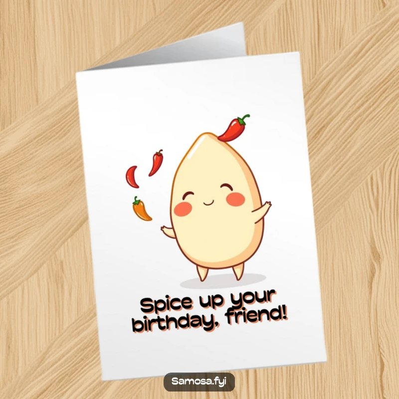 Funny free printable birthday card: a smiling samosa jovially juggles tiny red chili peppers with excitement.