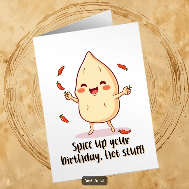 Funny Free Printable Birthday Card: Smiling samosa character joyfully juggling spicy chili peppers, a hilarious downloadable gift.