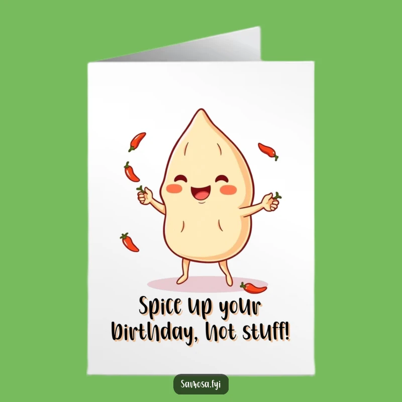 Free Printable Birthday Card: Funny Samosa Juggling Peppers, Perfect Downloadable Gift!